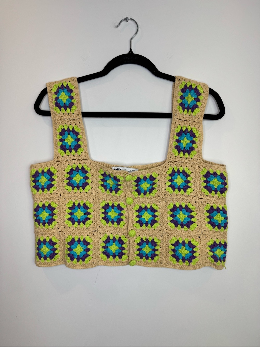 Zara Beige Crochet Square-Panel Tank Multicolor Accents boho festival size large